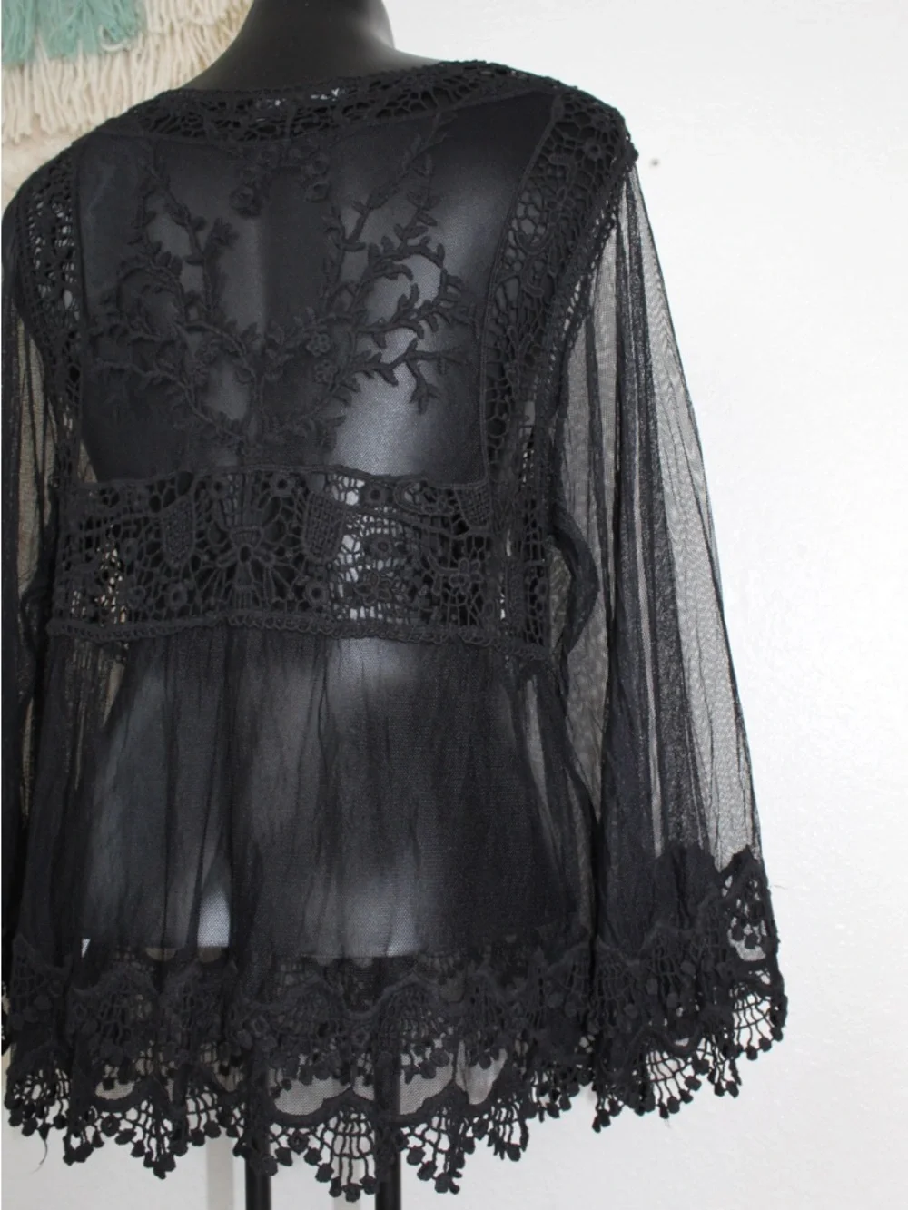 Shyanne Medium Black Sheer Lace Crochet Peplum Top Bell sleeve wester wear - Picture 6 of 9